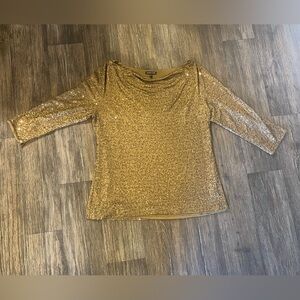 Eileen Fisher 100% Silk Sequin Cowl Neck Top 3/4 Sleeve Green/Gold Size Large